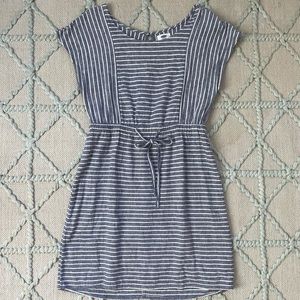 Linen draw string waist blue and white striped dress